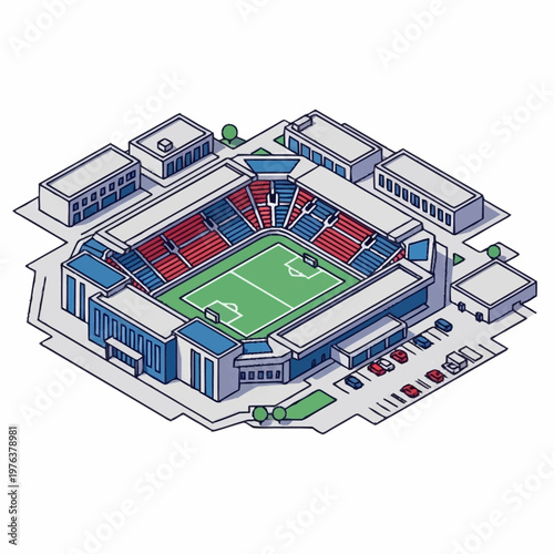 Stadium with blue and red seats.