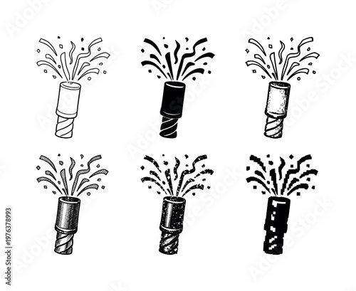 Handheld confetti popper tube with twisted base and burst streamers exploding from the top, used at parties and celebrations |