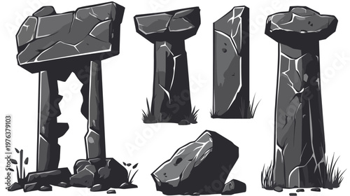 Stylized grayscale illustration of stone structures and rocks, hinting at ancient or prehistoric architecture