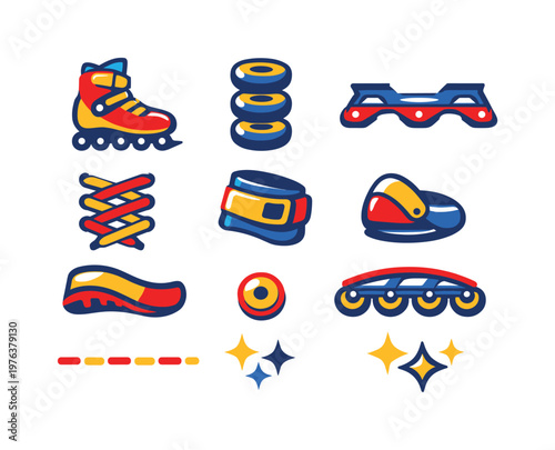 Two-Color vector icons of inline gear: skate boot, wheel stack, frame rail, lace path, ankle wrap, toe guard, curved sole, tiny