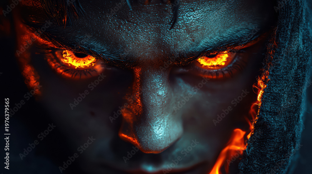 Fototapeta premium A mysterious figure with fiery orange eyes intensely sta forward, engulfed in shadows, suggesting a supernatural or demonic presence with intense power and wrath.