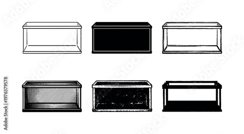 Classic fish tank aquarium with rectangular glass walls and water inside, designed to house aquatic pets | Create ONE image