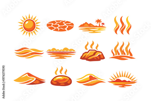 Two-Color vector icons of desert heat scenes: blazing sun disc, dry cracked soil, distant mirage line, heatwave arcs; hot sand