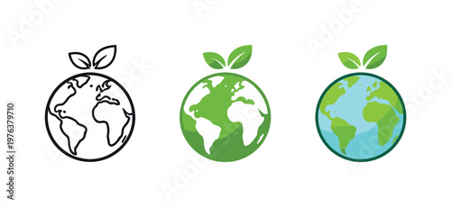 sustainable initiative context identical globe with leaf icons appear arranged left to right with consistent circular earth