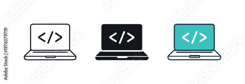 digital product lifecycle context identical laptop with code screen icons appear arranged left to right with consistent monitor