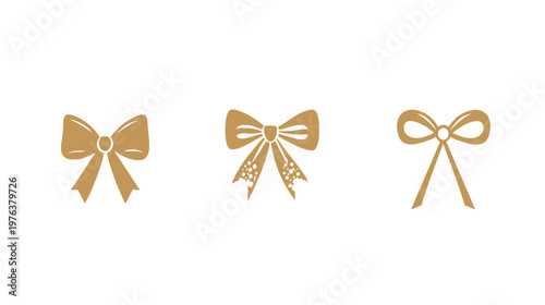 Three simple, elegant illustrations of bows in a muted gold color on a clean white background