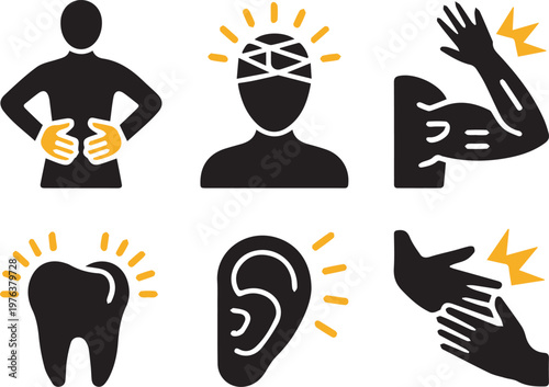 Pain and Injury Symptoms Icon Set - Body Ache, Headache, Dental, and Joint Pain Vector Illustration