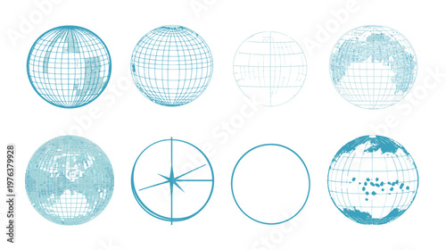Eight stylized globes in varying degrees of detail and different outline styles on a white backdrop