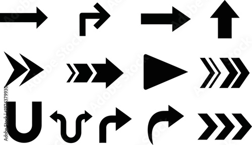 Versatile set of black arrow icons for web design, app navigation, infographics, and UI/UX projects. Modern vector symbols indicating direction, movement, progress, play, download, and return.