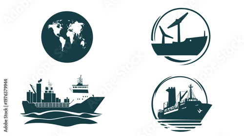Collection of stylized illustrations featuring maritime vessels and a world map in a simple design