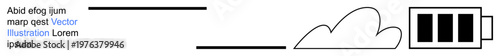 Renewable energy, cloud technology, energy storage, sustainability, data transfer, smart systems. Cloud linked to a battery symbol. Renewable energy and cloud technology concept