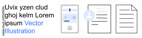 Voice recognition, document access, user identity, data processing, workflow organization, AI integration. Digital assistant screen and document icons. Voice recognition and document access concept