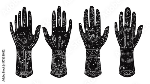 Four black hands with intricate etchings, lines, dots and geometrical shapes against white background