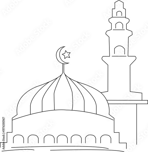 Islamic mosque line art vector, minimalist masjid building with dome and minaret, religious architecture outline for ramadan and eid greeting cards