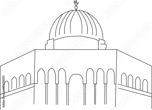 Minimalist mosque line art vector, Islamic architecture dome illustration, religious building outline drawing for coloring or logo design