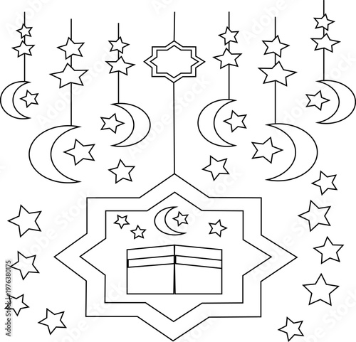 Islamic coloring page vector, Kaaba and crescent moon with hanging stars, Ramadan Kareem line art illustration for kids activity