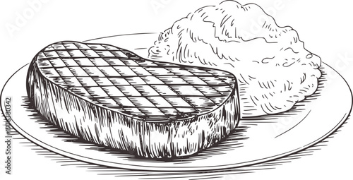 Hand drawn of grilled steak with mashed potatoes a plate meat food