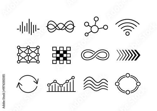 Line style vector icons of cloud computing application services: wave bar, resonance band, feedback node, signal arc, modulation