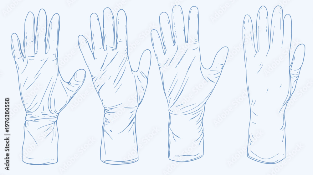 Fototapeta premium Four stylized blue line illustrations of disposable medical gloves on a pale blue background