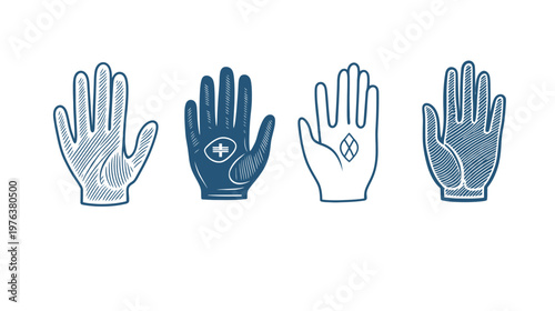Four stylized illustrations of open hands, varying colors and internal designs
