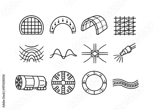 Line style vector icons of tunnel engineering: cross-section grid, load-distribution arc, structural rib tile, reinforcement mesh