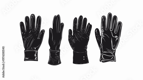 Four black gloves with detailed shading and cuffs, arranged horizontally on white background