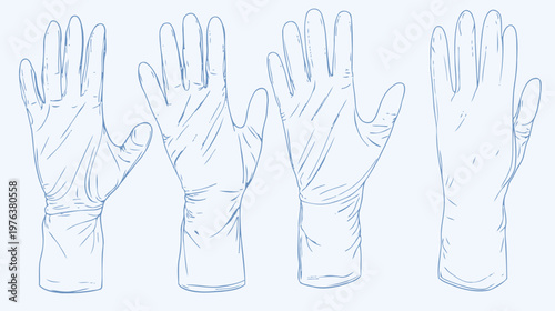 Four stylized blue line illustrations of disposable medical gloves on a pale blue background