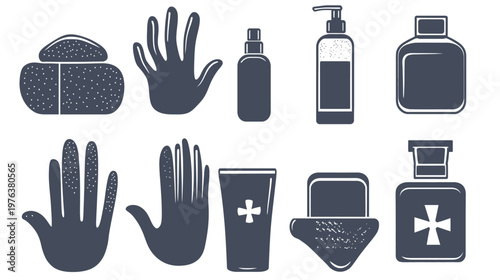 Monochrome vector illustrations depicting hands, containers, and medical equipment for a health or hygiene theme