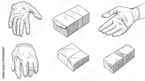 Artistic depiction of medical gloves with packaged goods. Hand-drawn sketches of protection items