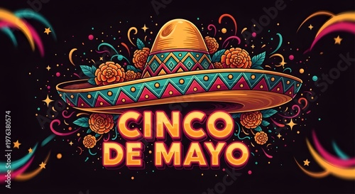 Vibrant Cinco de Mayo sombrero celebration with festive colorful fireworks background