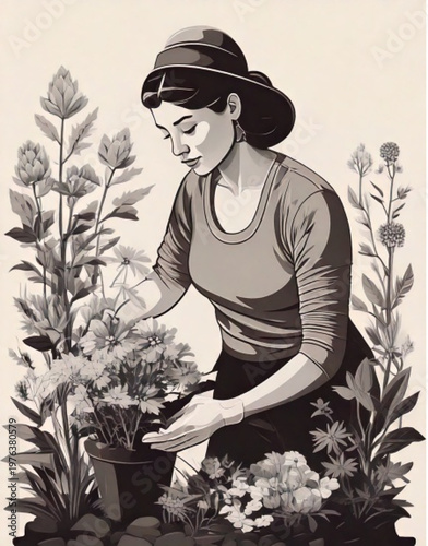 Woman tending to plants in a garden setting.