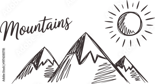 Hand Drawn of Mountains Under a Bright Sun With Text nature