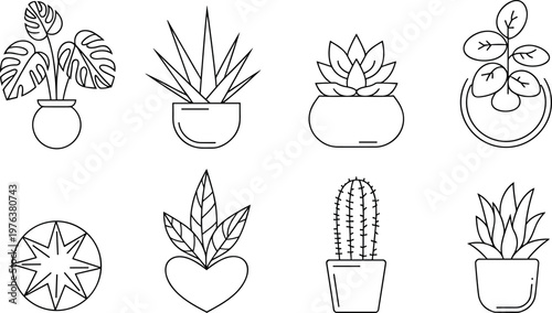 Houseplant line icons collection, potted indoor plants including cactus, monstera and succulents isolated on white background minimal outline botanical illustration set