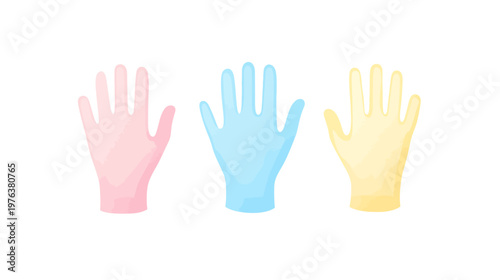 Three colorful stylized hand illustrations in pink, blue, and yellow with a white background