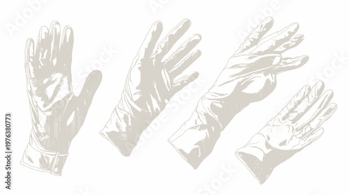 Illustration of four hands wearing protective gloves in a neutral color on a white background