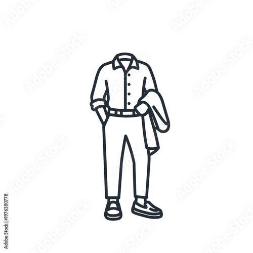 Minimalist male fashion icon, business casual outfit line art vector, stylish mens clothing set with shirt and trousers, modern apparel illustration