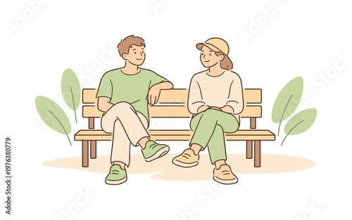 Friends sitting park bench near trees, relaxed posture and gentle smiles while enjoying fresh air, minimalist flat vector