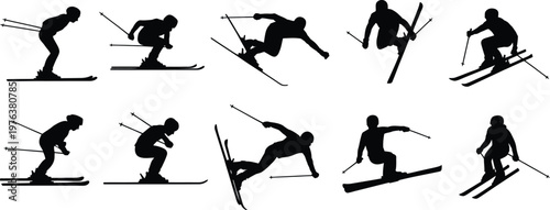 Skiing silhouette vector set, skier performing downhill and freestyle jumps, winter sport activity design isolated on white background collection