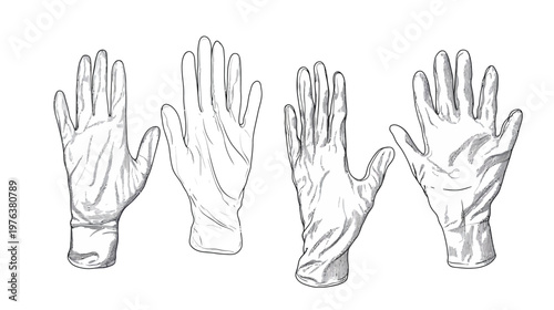 Line drawing of four surgical gloves with wrinkled textures and varying hand positions