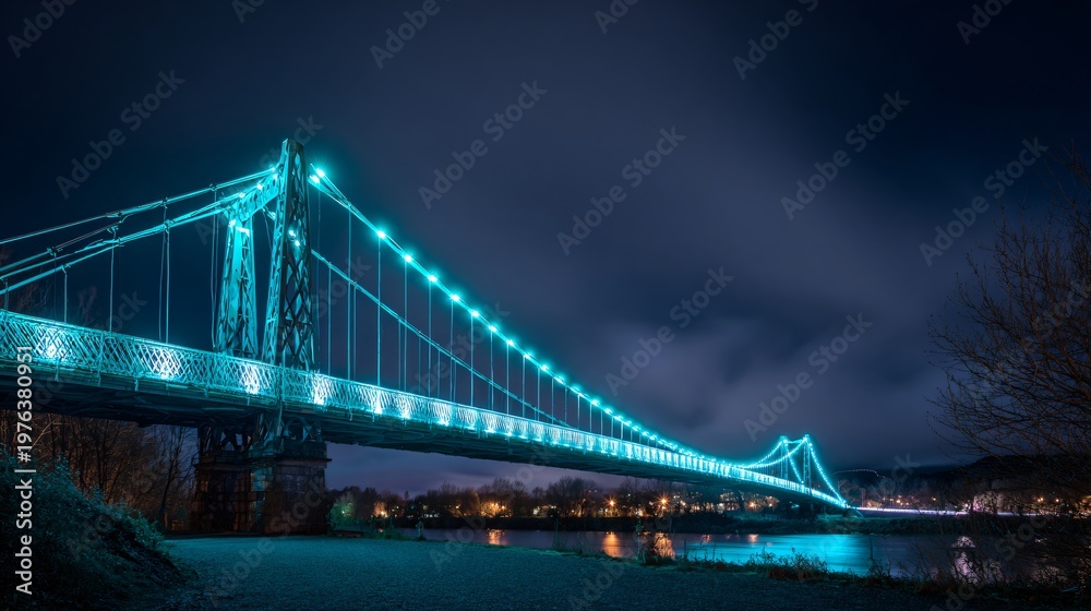 Fototapeta premium Illuminated Suspension Bridge: A Dramatic Nightscape Featuring a Long-Spanning Bridge Lit with Brilliant Turquoise Lights, Reflected in the Dark Water Below