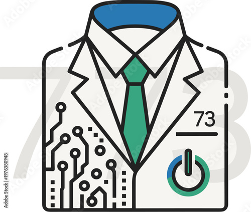 Smart Suit Vector Illustration with Circuit Board Pattern, Digital Business Jacket Icon with Power Button and Number 73, High-Tech Professional Apparel