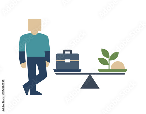 Individual standing beside a reduced balanced workload symbol composed of few essential elements, expressing sustainable balance.