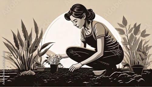 Woman planting seedlings in a garden with plants around her.