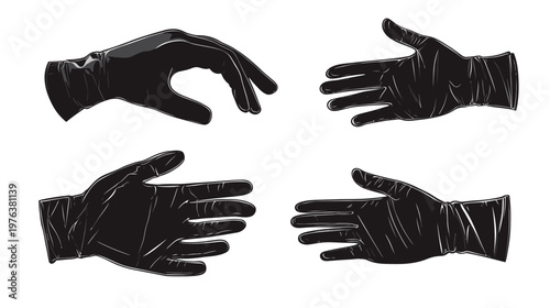 Four black gloves illustrated on a white background, in different positions. Gloves are shiny