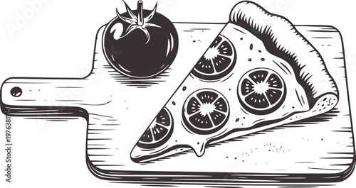 Hand drawn pizza slice with tomato wooden cutting board isolated white food italian
