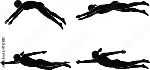 Swimming silhouette set, female swimmer strokes, diving and freestyle positions, aquatic sport illustration, black vector isolated on white background