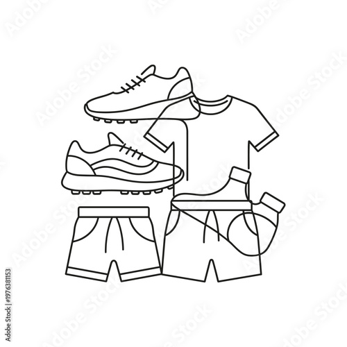 Minimalist sportswear apparel vector illustration, fitness clothing set with hoodie and sneakers, athletic fashion line art icons on abstract shapes