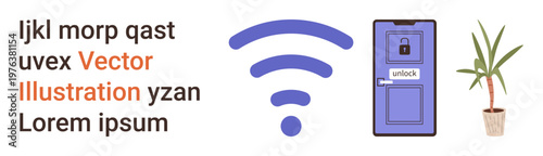Technology, smart home, security systems, internet of things, wireless access, digital innovation. wireless symbol next to a smart door with a lock and a potted plant. Technology and security systems