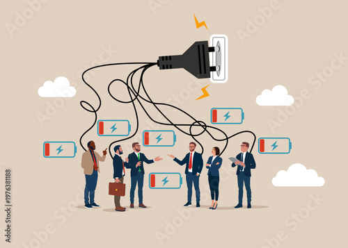Low battery business team. Restoration is underway. Not enough energy to work at full potential and motivation. Flat vector illustration. 