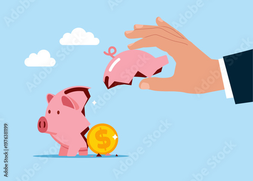 Businessman steal side of the piggy bank. Divide money, share profits. Cost reduction or cut price. Modern flat vector illustration
